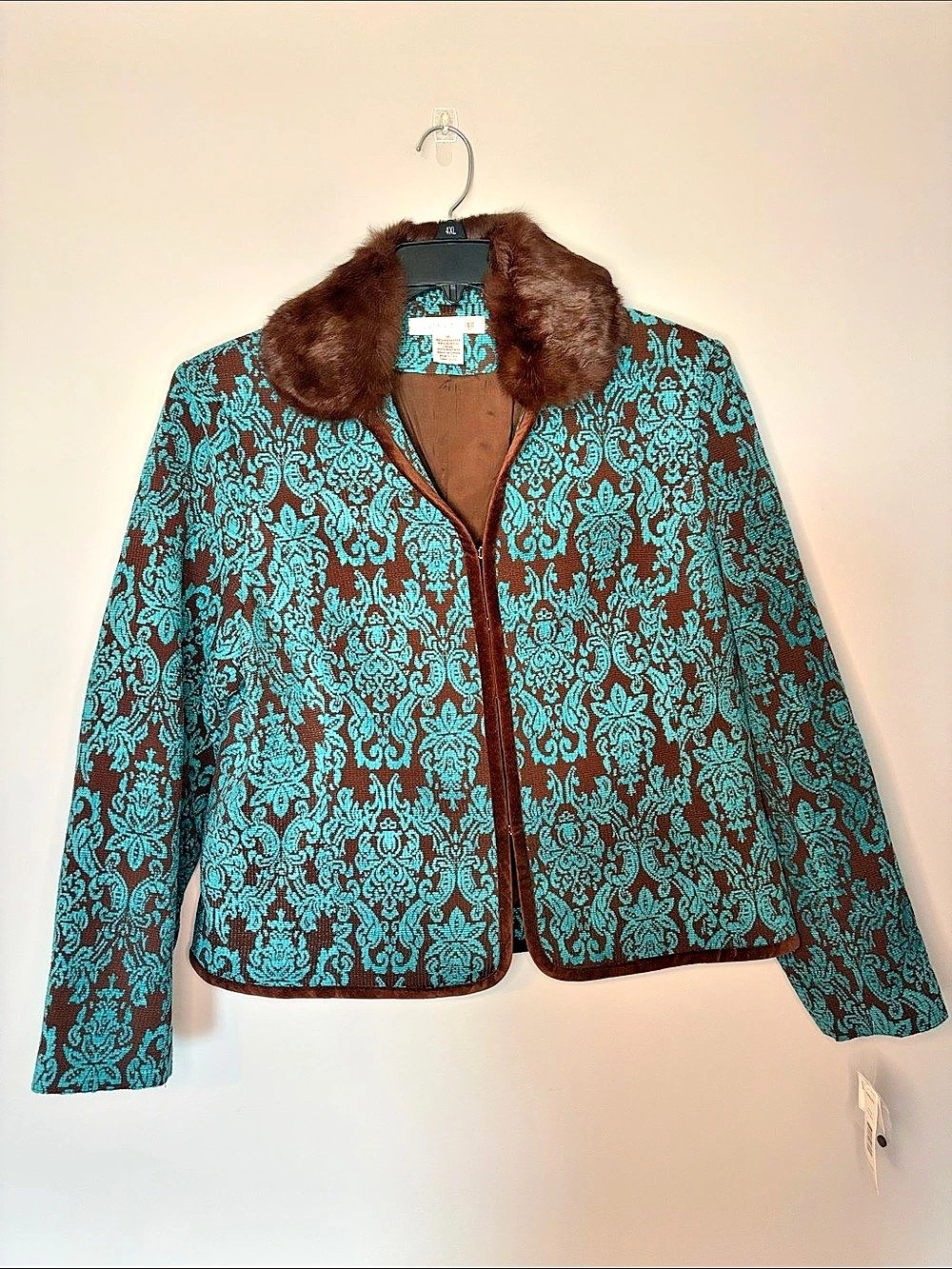 Pursuits, Ltd. Damask Faux Fur Collar Jacket Brown Blue Size 16 NWT
